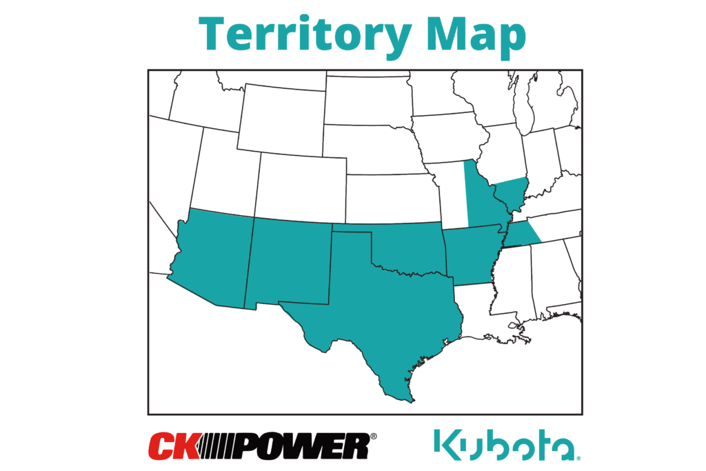 Kubota territory map, showing Arkansas, eastern Missouri, southern Illinois, western Tennessee, Oklahoma, Texas, New Mexico and Arizona highlighted in teal.