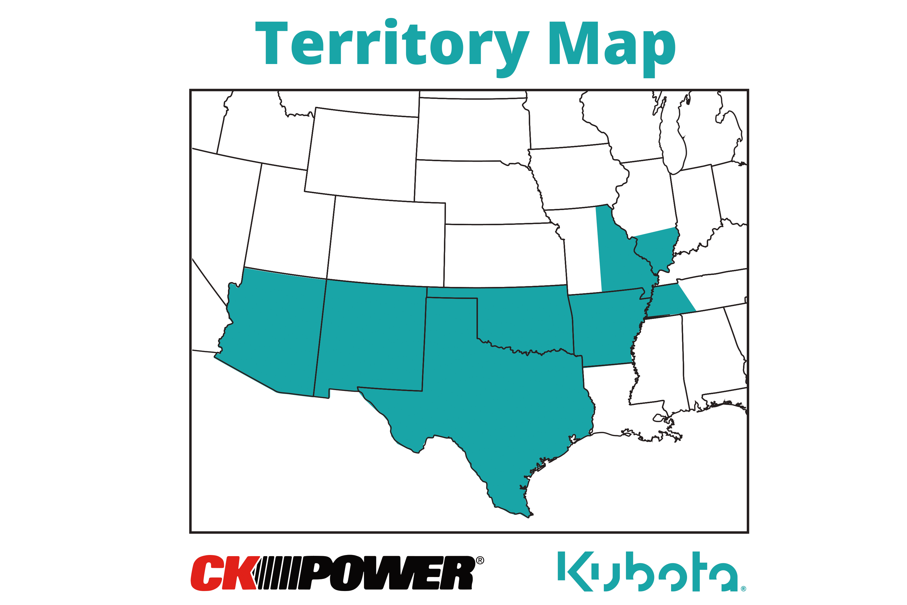 A map showing CK Power's new Kubota distribution territory, including Arizona, New Mexico and southern Texas. 